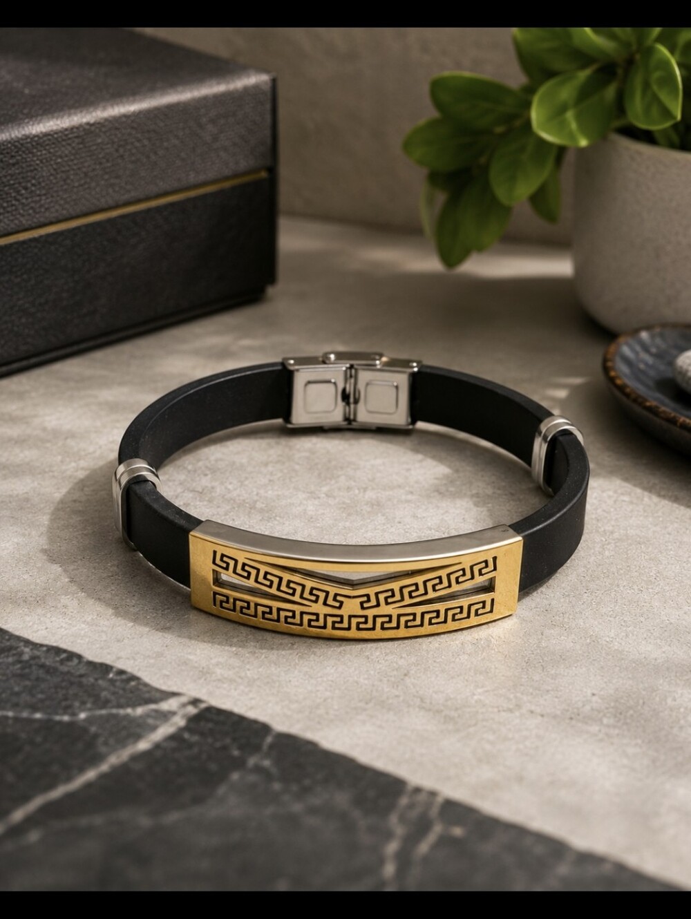Men's Black Silicone Bracelet with Gold Greek Key Accent And Stainless Clasp